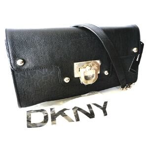 NEW DKNY HANDBAG Donna Karan Black Leather Convertible Flap Clutch Shoulder Bag